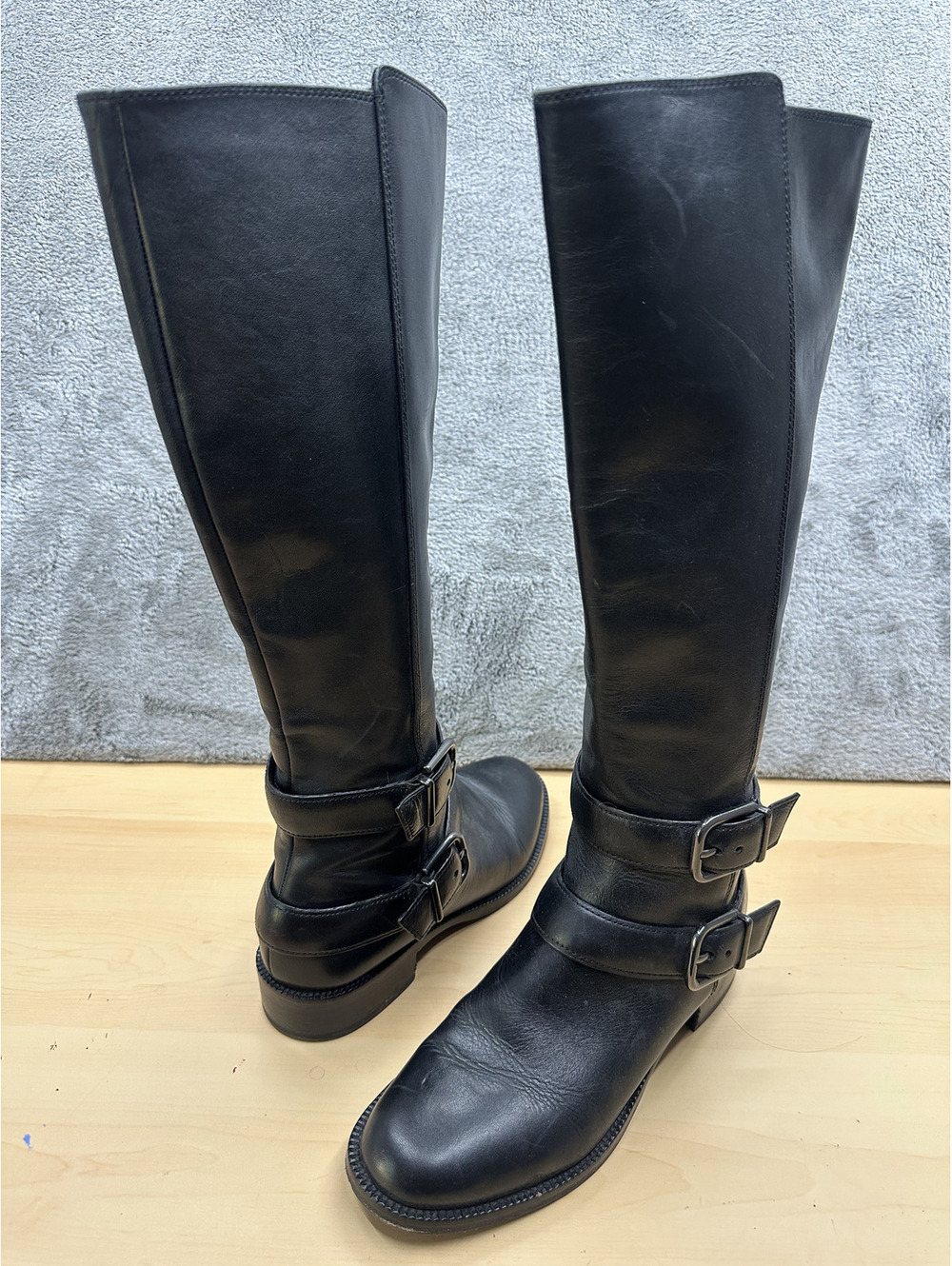 Via Spiga Black Leather Knee High Boots with Buckle Details